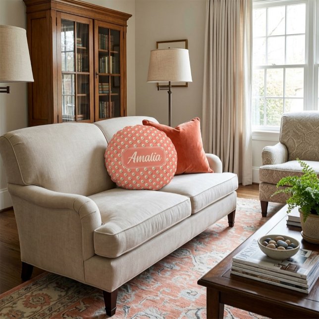 Personalised Coral Polka Dot Throw Pillow  (Creator Uploaded)