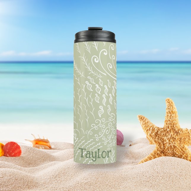 Personalised | Coral Reef Shell Print Thermal Tumbler (Sage Ocean Scene Tumbler)