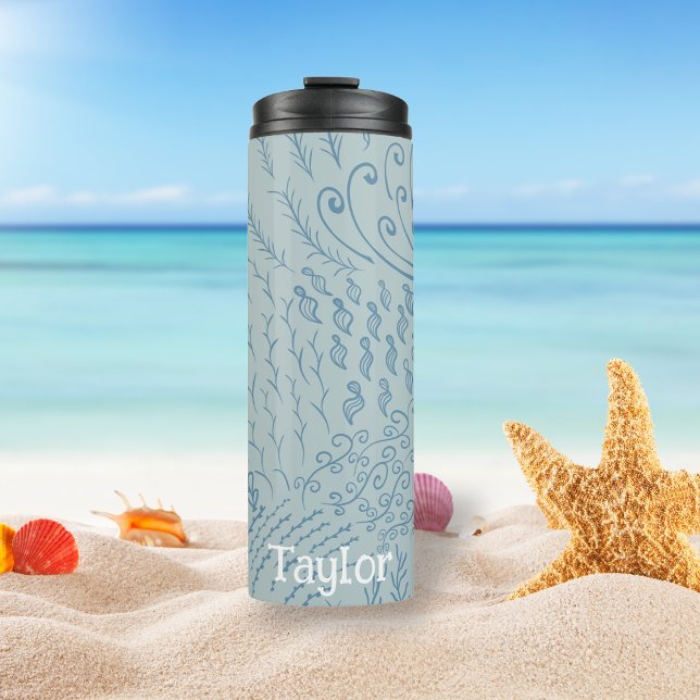 Personalised | Coral Reef Shell Print Thermal Tumbler (Blue Ocean Scene Tumbler)