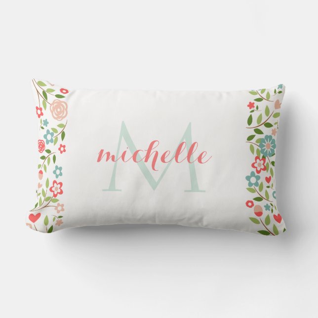 Personalised Coral Teal Floral Monogram Pattern Lumbar Cushion (Front)