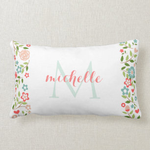 Personalised Coral Teal Floral Monogram Pattern Lumbar Cushion