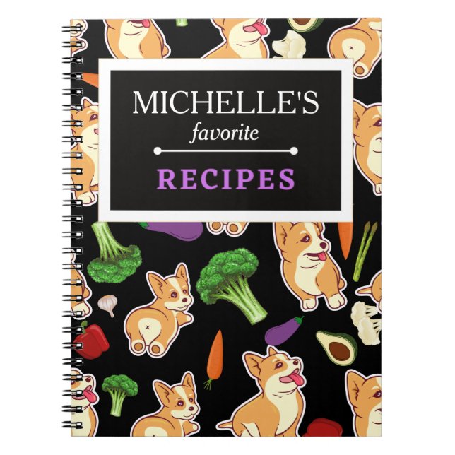 Personalised Corgi and Food Pattern Black Notebook (Front)