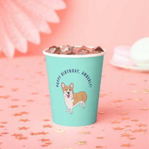Personalised Corgi Dog Mint Green Birthday Party P Paper Cups
