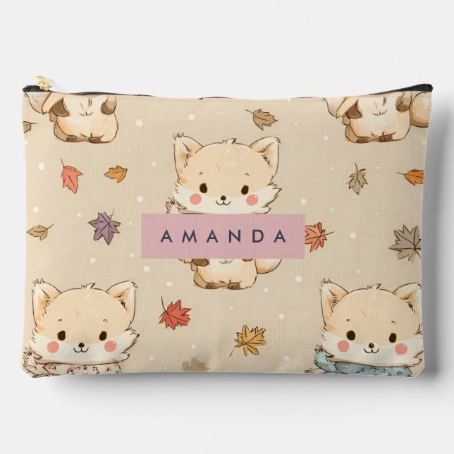 Personalised Cosy Autumn Fox with Scarf Pattern Accessory Pouch (Front)
