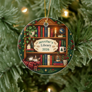 Personalised Cosy Bookshelf Library Christmas Ceramic Ornament