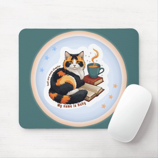Personalised Cosy Calico Cat Teal Mouse Pad (With Mouse)
