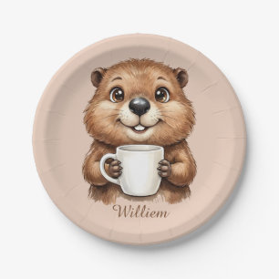 Personalised Cosy Coffee Beaver Woodland Morning Paper Plate