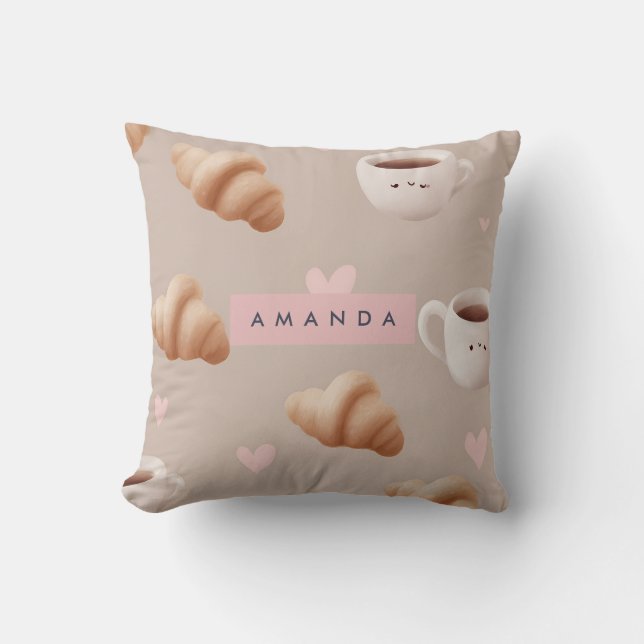 Personalised Cosy Croissant and Coffee Pattern Cushion (Front)