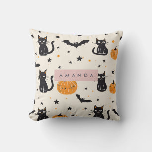 Personalised Cosy Fall Halloween Black Cat Pumpkin Cushion
