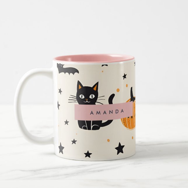 Personalised Cosy Fall Halloween Black Cat Pumpkin Two-Tone Coffee Mug (Left)