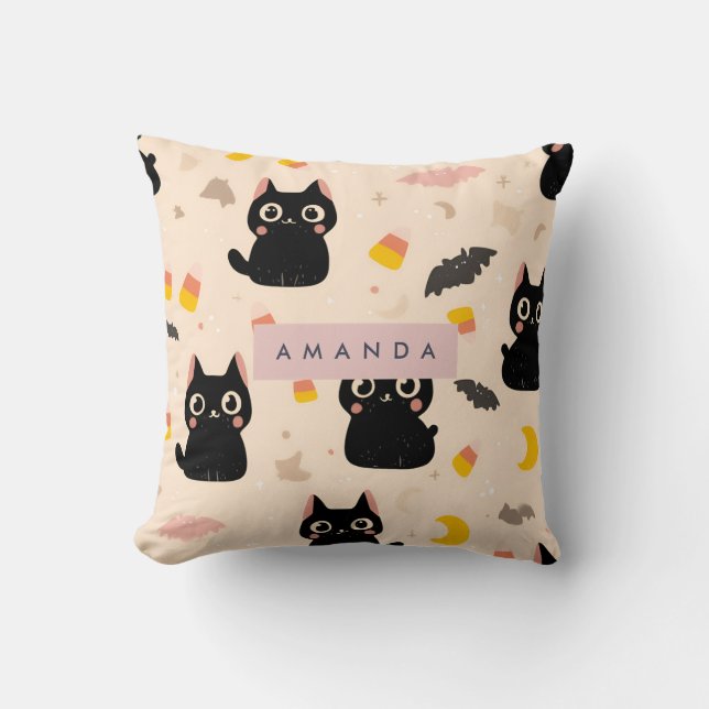 Personalised Cosy Fall Halloween Cute Black Cat  Cushion (Front)