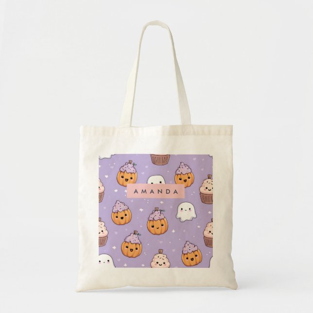 Personalised Cosy Fall Halloween Pumpkin Cupcake Tote Bag (Front)