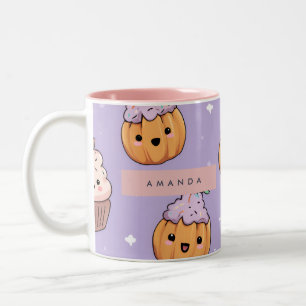 Personalised Cosy Fall Halloween Pumpkin Cupcake Two-Tone Coffee Mug