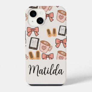 Personalised cosy Girly Bows & Coffee Pattern iPhone 14 Case
