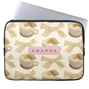 Personalised Cosy Latte & Gingham Bow Pattern Laptop Sleeve