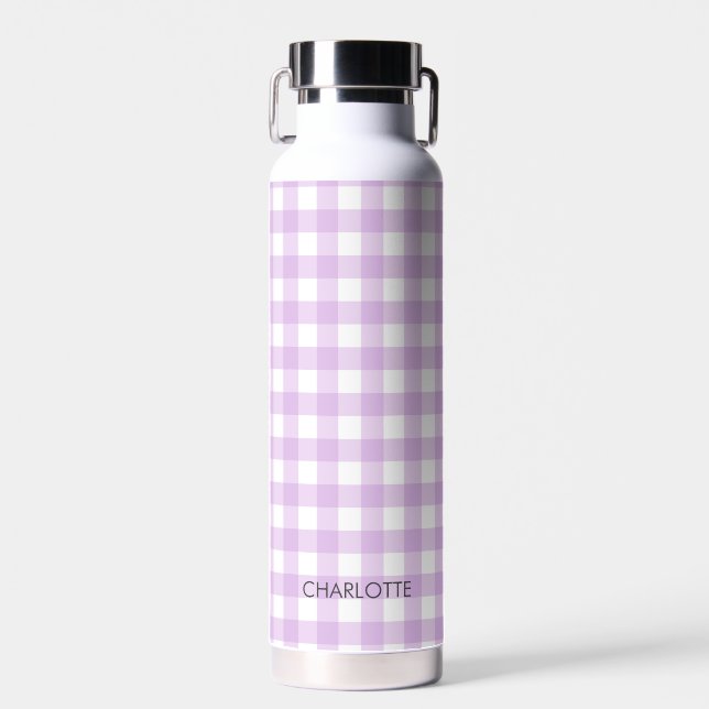 Personalised Cottage Lavender Lilac Gingham Plaid Water Bottle (Front)