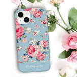 Personalised Cottage Pink Roses on Blue Background Case-Mate iPhone 14 Case<br><div class="desc">Elegant and romantic seamless floral pattern featuring cottage style pastel pink roses with white and pink wildflowers on light sky blue background. Includes optional solid element and editable text field.</div>