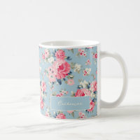 Personalised Cottage Pink Roses on Blue Background