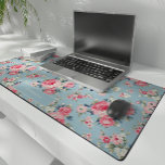 Personalised Cottage Pink Roses on Blue Background Desk Mat<br><div class="desc">Elegant and romantic seamless floral pattern featuring cottage style pastel pink roses with white and pink wildflowers on light sky blue background. Includes optional solid element with editable text field.</div>