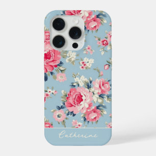 Personalised Cottage Pink Roses on Blue Background iPhone 15 Pro Case