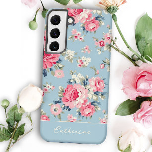 Personalised Cottage Pink Roses on Blue Background Samsung Galaxy Case