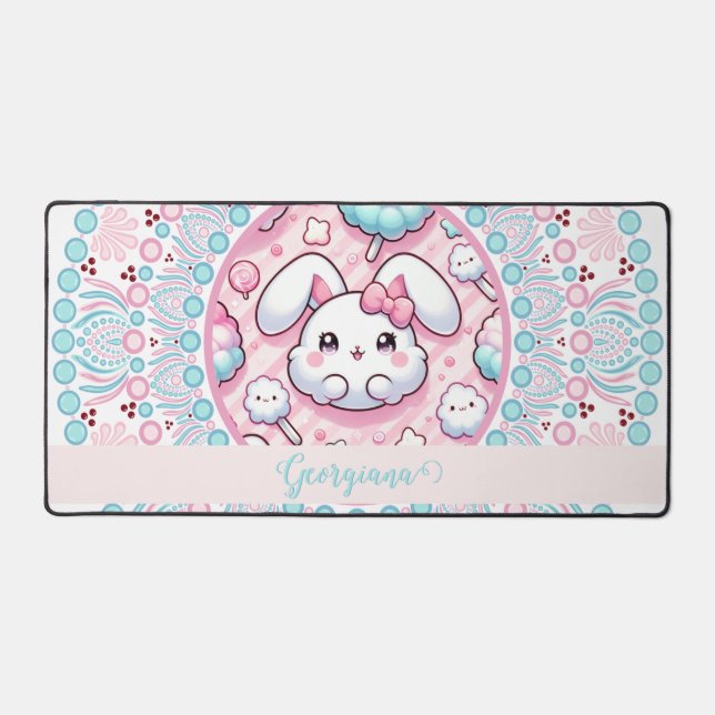 Personalised Cotton Candy Kawaii Bunny Dot Mandala Desk Mat (Front)