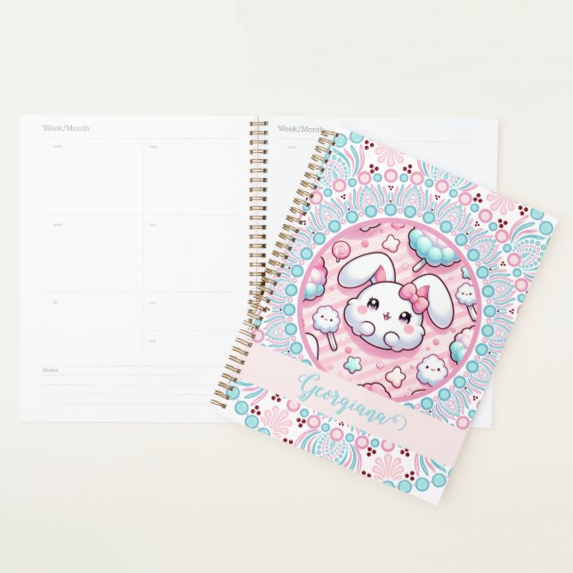 Personalised Cotton Candy Kawaii Bunny Dot Mandala Planner (Display)