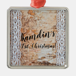 Personalised Country Barn Wood Lace Trim Edge Metal Ornament