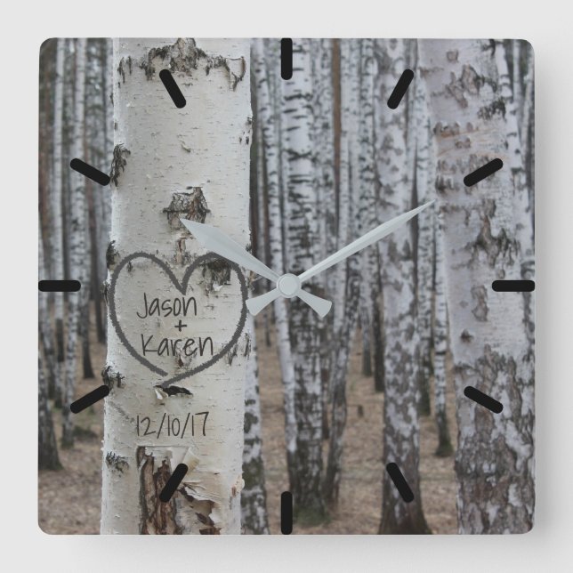 Personalised Country Rustic Carved Heart Square Wall Clock (Front)