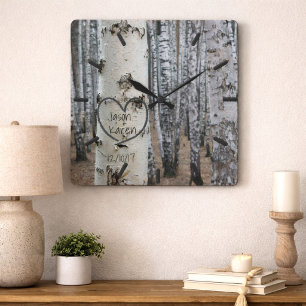 Personalised Country Rustic Carved Heart Square Wall Clock