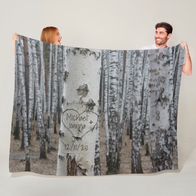 Personalised Country Rustic Carved Names in Heart Fleece Blanket (In Situ)