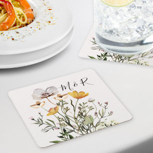 Personalised Couple Monogram Dried Wildflower  Square Paper Coaster