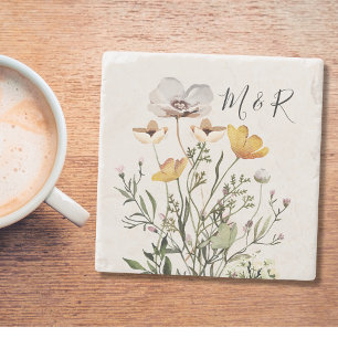 Personalised Couple Monogram Dried Wildflower  Stone Coaster