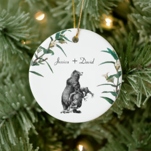 Personalised Couple Names Christmas Bear hunting Ceramic Ornament