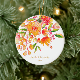 Personalised Couple Names Floral Orange Christmas Ceramic Ornament