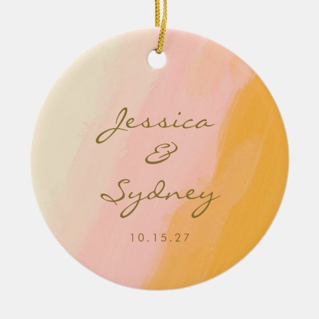 Personalised Couple Names Pink Yellow Abstract Ceramic Ornament (Front)