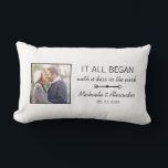 Personalised Couple Photo Newlywed Names Date Lumbar Cushion<br><div class="desc">Every couple has a unique story about where it all began. This white pillow with elegant black text can be customised to any couple,  with their names,  the date of their anniversary (first date,  wedding,  engagement,  etc),  as well as a picture of the happy couple. A truly unique keepsake!</div>