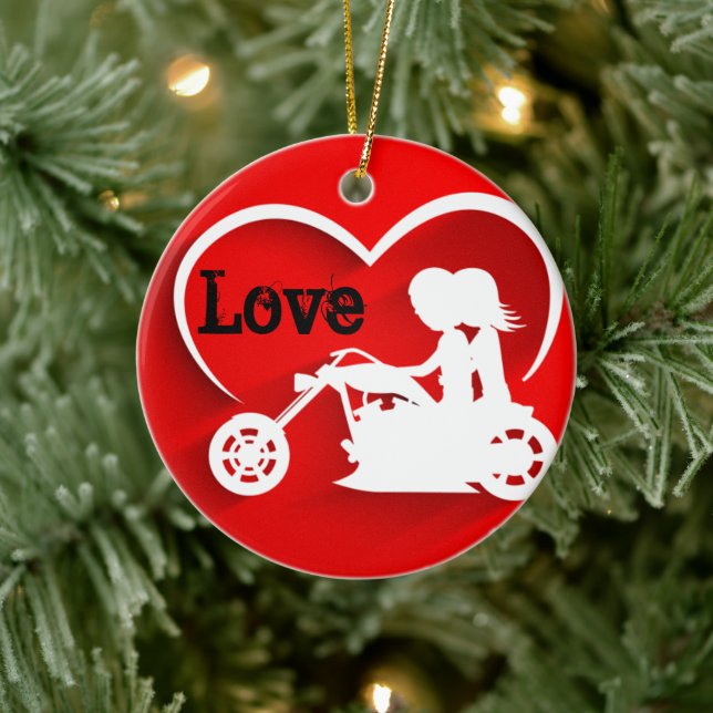 Personalised Couple Riding Motorcycle LOVE Ceramic Ornament (Tree)