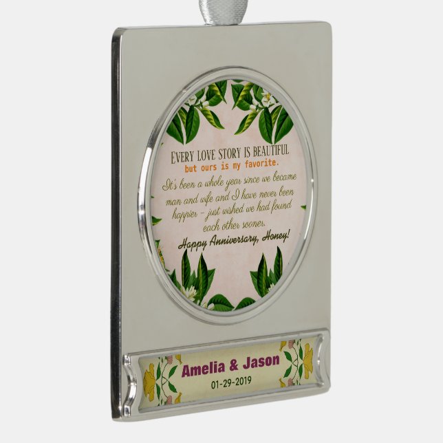 Personalised Couples 1st Wedding Anniversary Silver Plated Banner Ornament (Right)