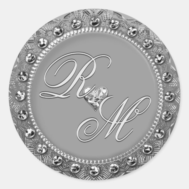 Personalised Couples Monogram Silver Sear Classic Round Sticker (Front)