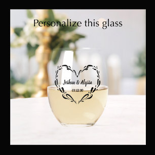 Personalised Couple's Names Elegant Heart Gift Stemless Wine Glass