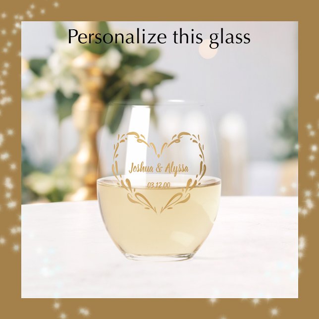 Personalised Couple's Names Elegant Keepsake Gift Stemless Wine Glass (Add names and date for a beautiful golden heart keepsake wedding or anniversary glass gift
)