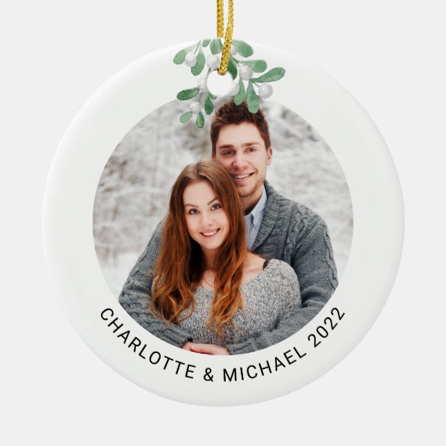 Personalised Couples Photo Botanical Ceramic Ornament (Front)