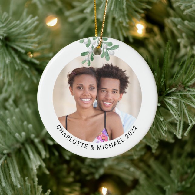 Personalised Couples Photo Mistletoe Ceramic Ornament (Tree)