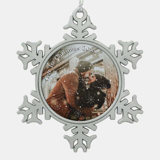 Personalised Couples Snowflake Framed  Pewter Christmas Ornament (Front)