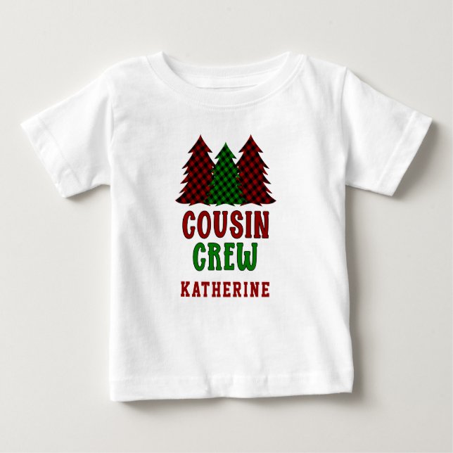 Personalised Cousin Crew Plaid Christmas Tree Baby T-Shirt (Front)