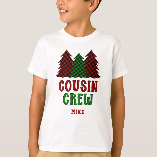 Personalised Cousin Crew Plaid Christmas Tree T-Shirt (Front)