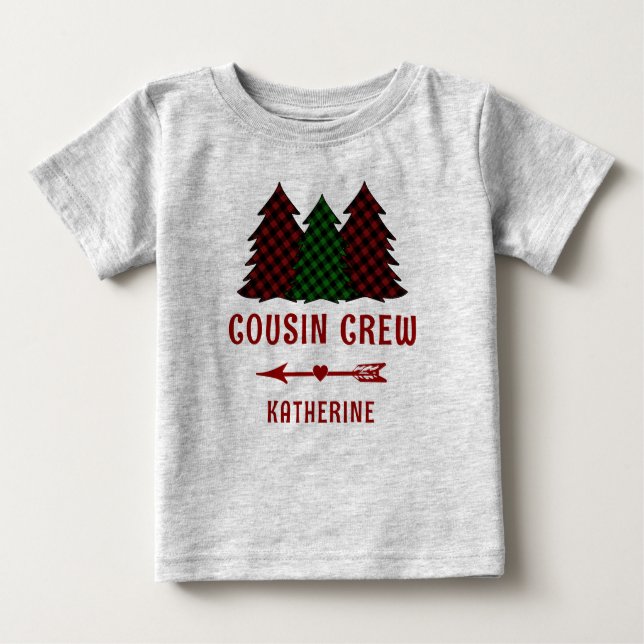 Personalised Cousin Crew Plaid Christmas Trees Baby T-Shirt (Front)