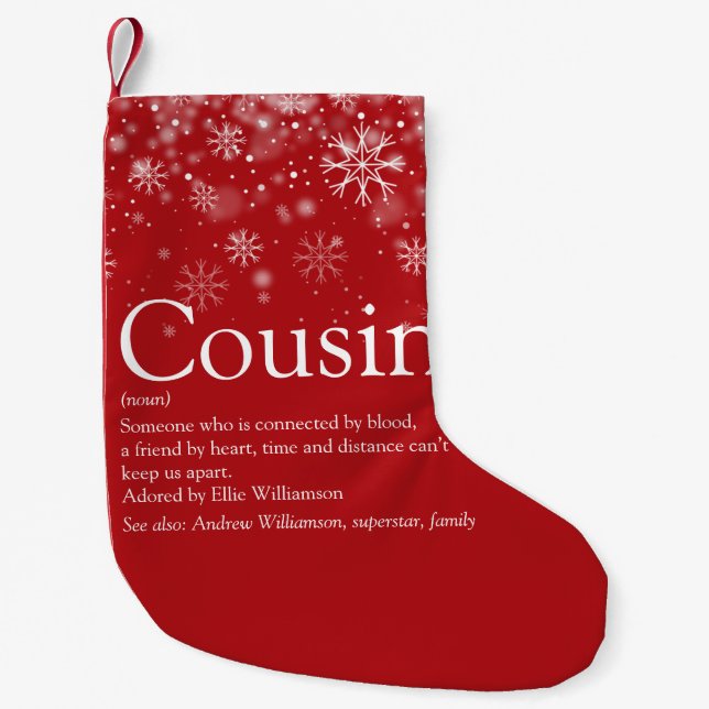 Personalised Cousin Definition Quote Holiday Snow Small Christmas Stocking (Front)