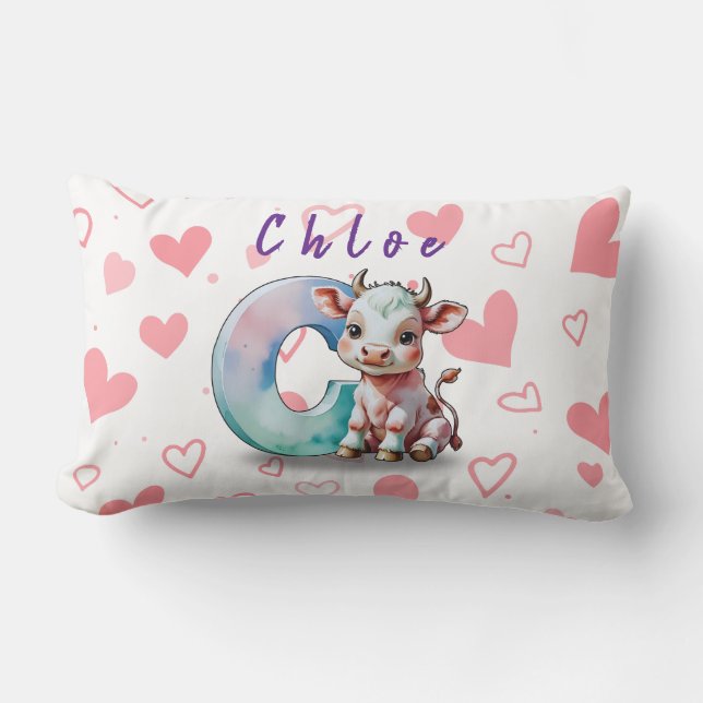 Personalised Cow Lumbar Pillow – Baby Name & Heart (Front)